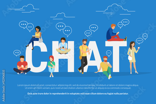 Chat concept illustration of young various people using mobile gadgets such as tablet pc and smartphone for texting messages each other via internet. Flat guys and women standing near big letters chat