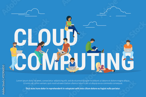Cloud computing concept illustration of young various people using mobile gadgets such as tablet pc and smartphone for working in cloud storage. Flat design of guys and women standing near big letters