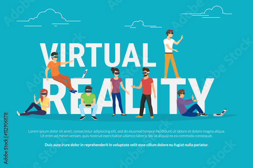 Virtual reality concept illustration of young various people wearing virtual reality helmet for playing game and virtual simulation. Flat design of guys and women standing near big letters