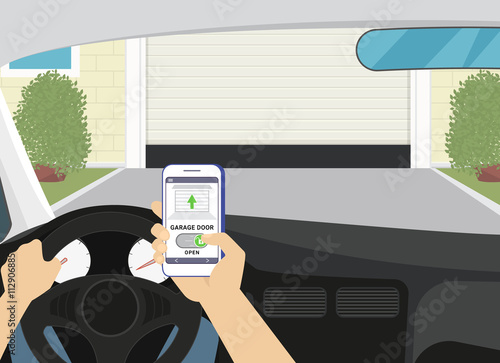 Remote access via smartphone mobile app to the garage door. Flat illustration of human hand holds smartphone with mobile app for remote household control. Man unlocks garage door sitting in the car