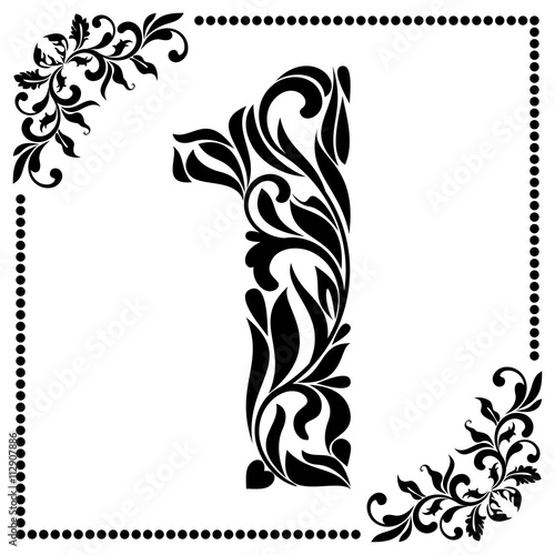 Decorative Font with swirls and floral elements. Ornate decorated digit one on white background.
