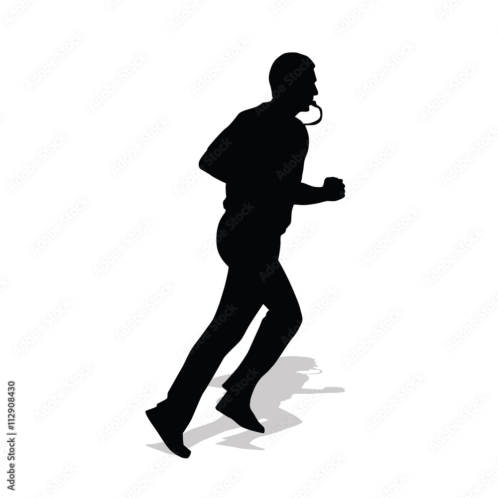 Basketball referee running with whistle in his mouth. Vector sil
