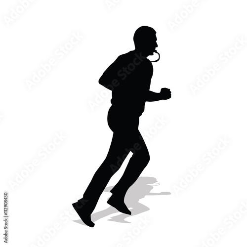 Basketball referee running with whistle in his mouth. Vector sil