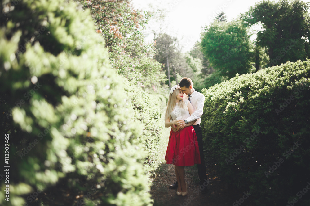 Stylish beautiful happy wedding couple kissing and embracing in Botanical Garden Stylish beautiful happy wedding couple kissing and embracing in Botanical Garden