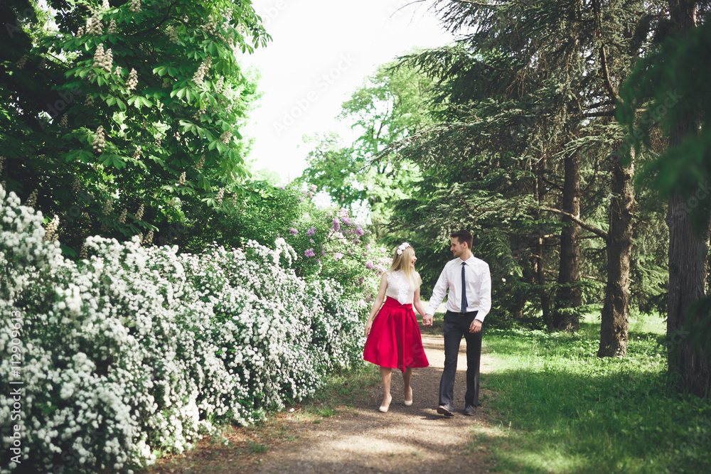 Stylish beautiful happy wedding couple kissing and embracing in Botanical Garden Stylish beautiful happy wedding couple kissing and embracing in Botanical Garden