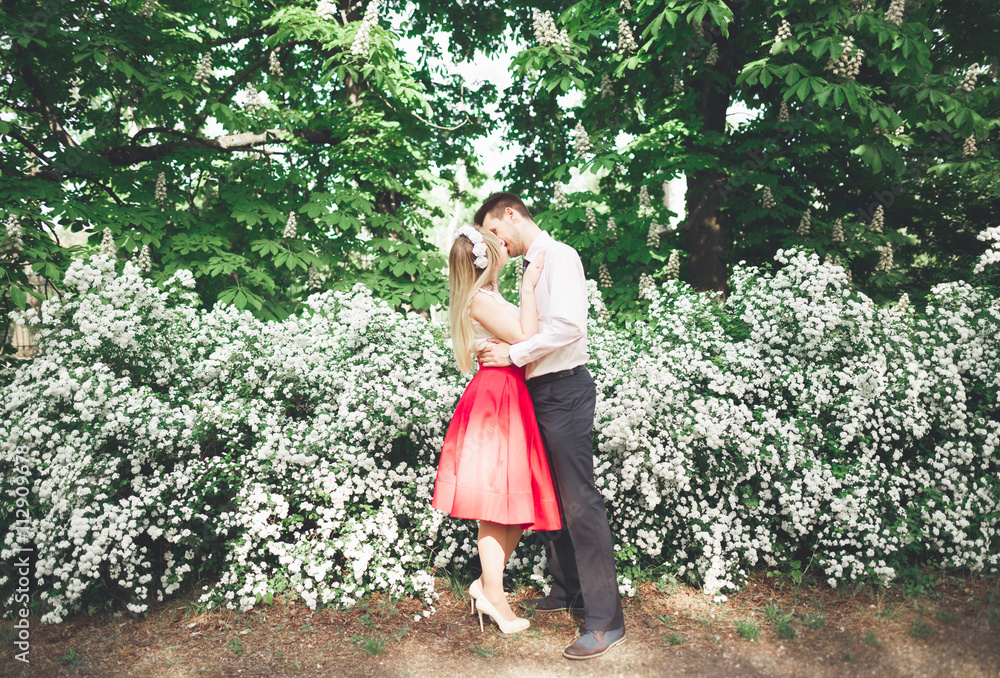 Young beautiful couple kissing and hugging near trees with blossom in summer park Young beautiful couple kissing and hugging near trees with blossom in summer park