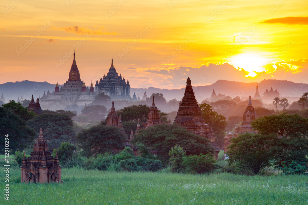 Beautiful sunset scene of Ancient Pagoda in Bagan, Myanmar