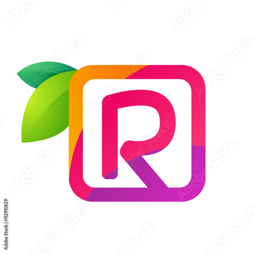 R letter in square with juice and green leaves.