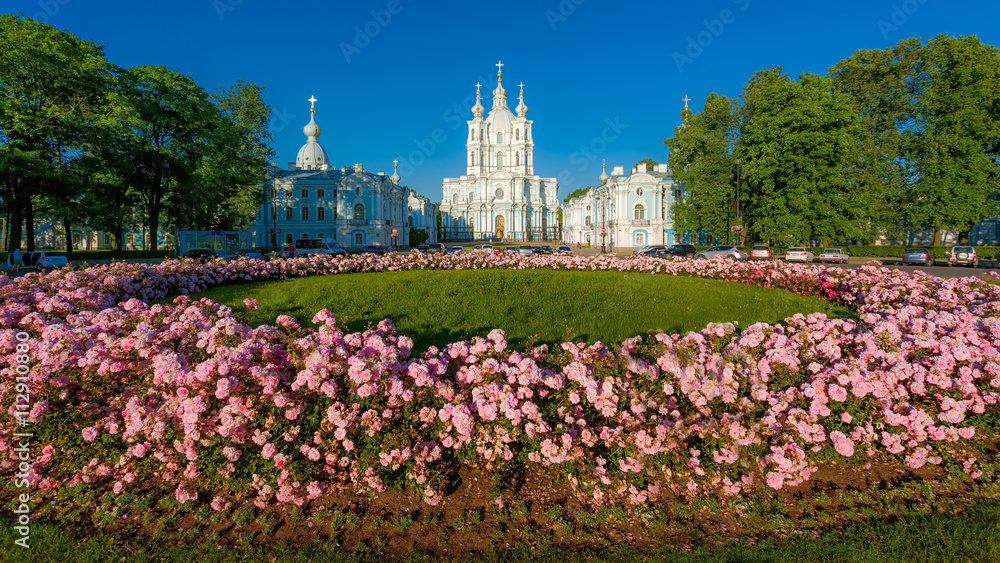 Flowers in front of Smolny Cathedral in Saint Petersburg