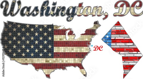 USA state of Washington, D.C. on a brick wall - Illustration,
Font with The District of Columbia, 
Washington, DC map on a brick wall