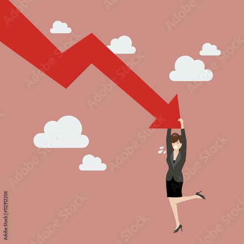 Business woman try hard to hold on falling graph down