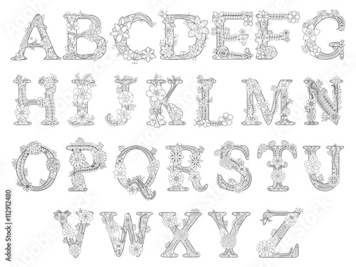 Floral font coloring book for adults vector