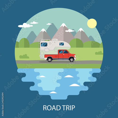 Road trip flat design. camper © pleskach