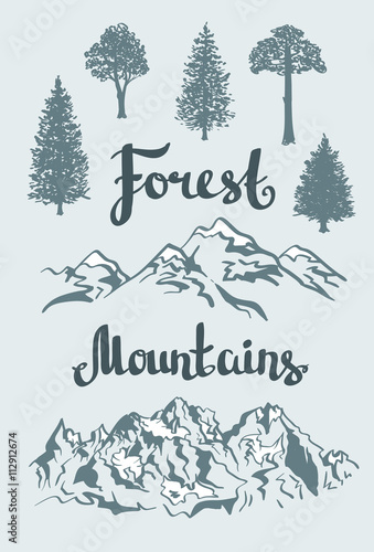 Vector Hand drawn mountain landscape and isolated trees. .