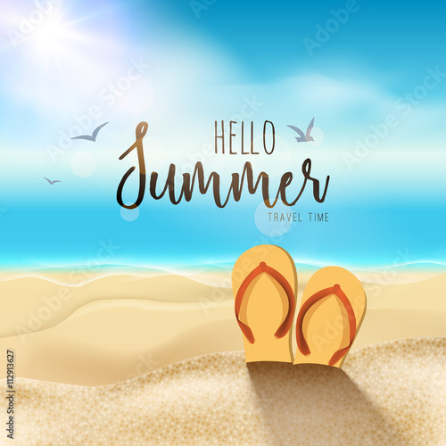 Summer beach travel design. Sun with sand and sandals