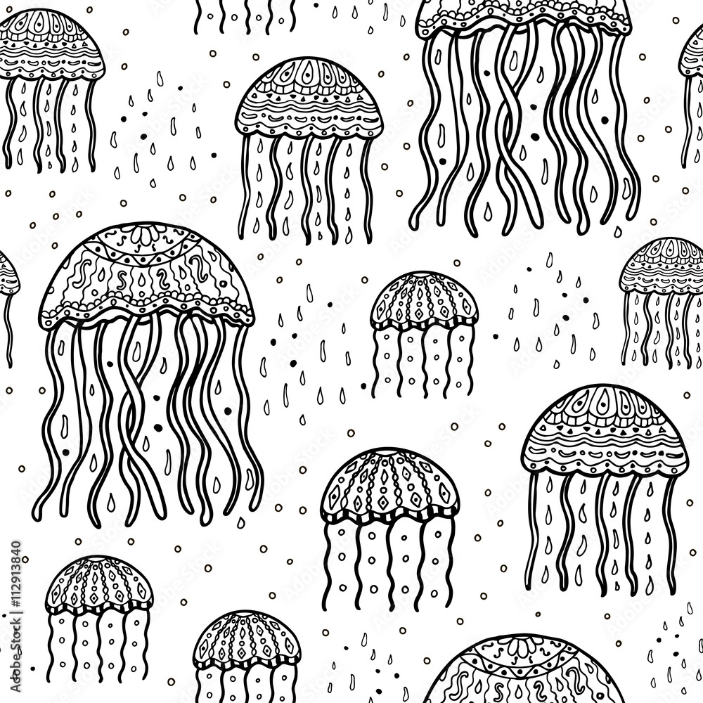 Seamless black-and-white pattern with jellyfish on a white background ...