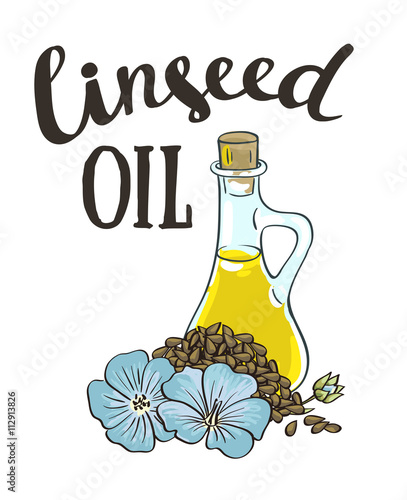 Bottle with linseed oi and with stylish lettering. Vector isolated objects.