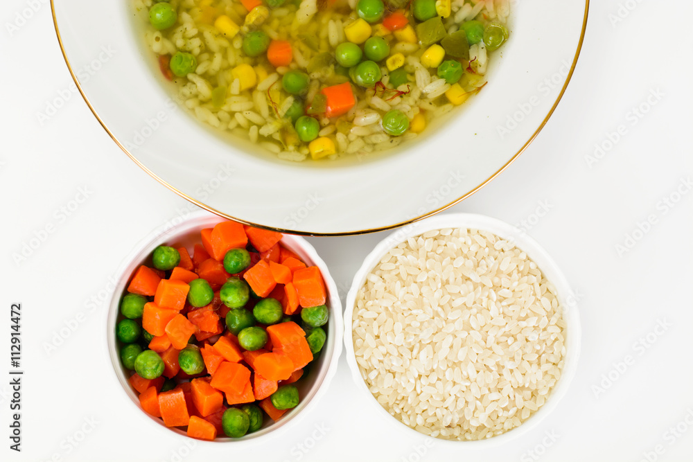 Soup with Chicken Broth: Rice and Vegetables Soup with Chicken Broth: Rice and Vegetables