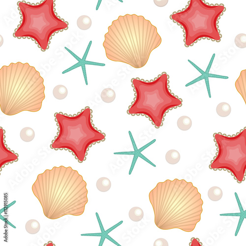 Seashells seamless texture. Marine background. Cute summer background. Vector illustration