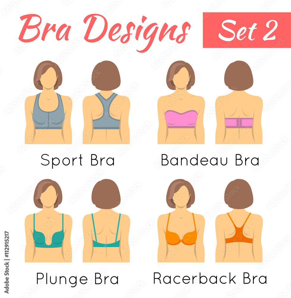Bra design vector flat icons set. Female torso in different types of  brassieres. Front and back view. Lingerie fashion infographic elements.  Woman wears sport bra, bandeau, plunge, racerback bras Stock Vector