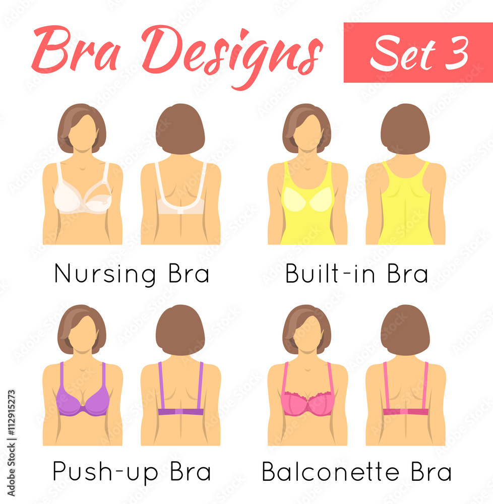 Bra design vector flat icons set. Female torso in different types of  brassieres. Front and back view. Lingerie fashion infographic elements.  Woman wears nursing, built-in, push up, balconette bras Stock Vector