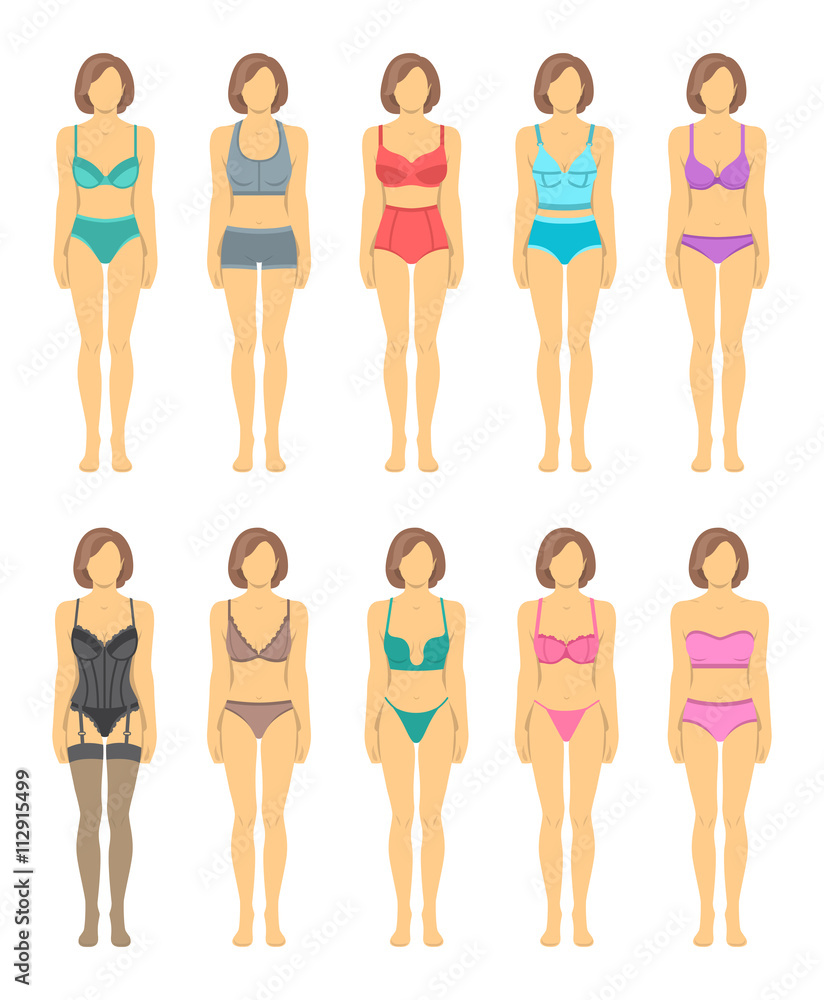 Female figures in fashionable lingerie flat icons. Woman body in underwear  front view. Various combinations of bra designs and panties styles. Full  length model infographic elements. Wardrobe garments Stock Vector