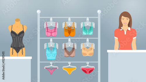 Female underwear store vector flat illustration. Lingerie shop department interior design. Woman seller at a counter, bras and panties on hangers, a mannequin in a corset. Fashion boutique background