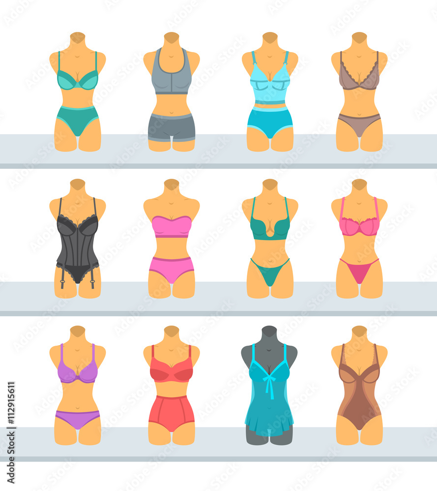 Female mannequins display fashionable lingerie flat style illustration.  Different woman torso models in underwear front view. Various combinations  of bra designs and panties styles on plastic manikins Stock Vector