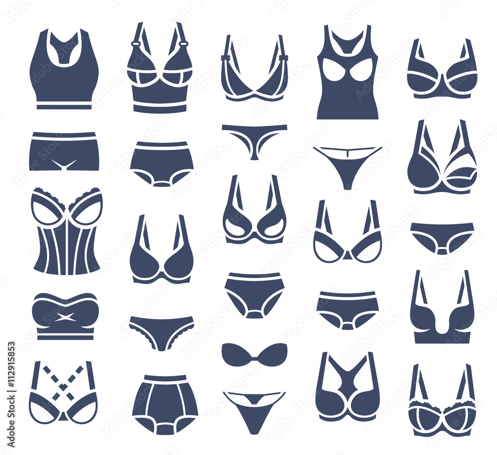 Vetor de Bra design and panties styles vector flat silhouette icons set.  Female underwear pictogram collection. Lingerie fashion infographic  elements. Woman wardrobe garments. Various clothes isolated symbols do  Stock