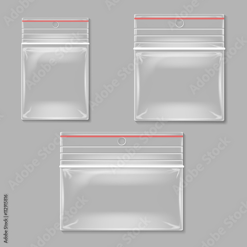 Blank transparent plastic zipper bag vector set. Empty container plastic, polythene container set illustration