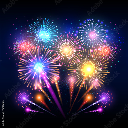 Festive vector background, poster with firework rockets bursting. Sparkling effect firework and pyrotechnic realistic firework explode illustration
