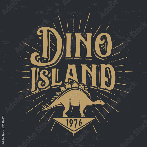 Vector dino island logo concept. Stegosaurus national park insignia design. Jurassic period illustration. Dinosaur Vintage T-shirt badge on dark background