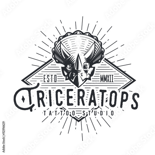 Triceratops logo template. Dinosaur logotype. Dino tattoo studio design. Vector sunburst label. Jurassic period retro illustration. Fury Dino insignia concept. Ancient world badge