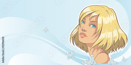 Blonde girl on the background with abstract waves