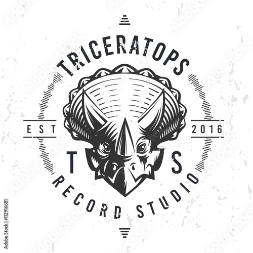 Dinosaur record studio logo template. Triceratops music company logotype. Dino tattoo design. Vector monster label. Cretaceous period retro illustration. Furious Dino insignia concept.