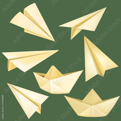 Vector Set of Flat Yellow Origami Shapes on Green Background