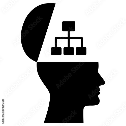 Symbol: Gesicht mit aufgeklapptem Schädel und Struktogramm – schwarz-weiß / Vektor / freigestellt