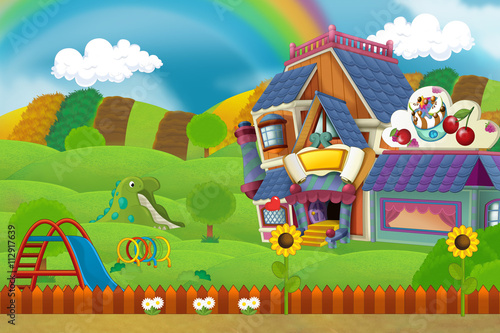 Fototapeta Naklejka Na Ścianę i Meble -  Cartoon scene of playground and colorful building with some kind of sweets - illustration for children