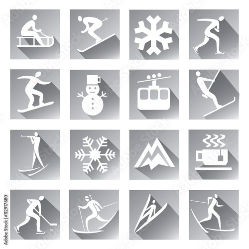 Winter sport grey web icons set of modern icons with long shadow with winter sport symbols. Vector available.. 
