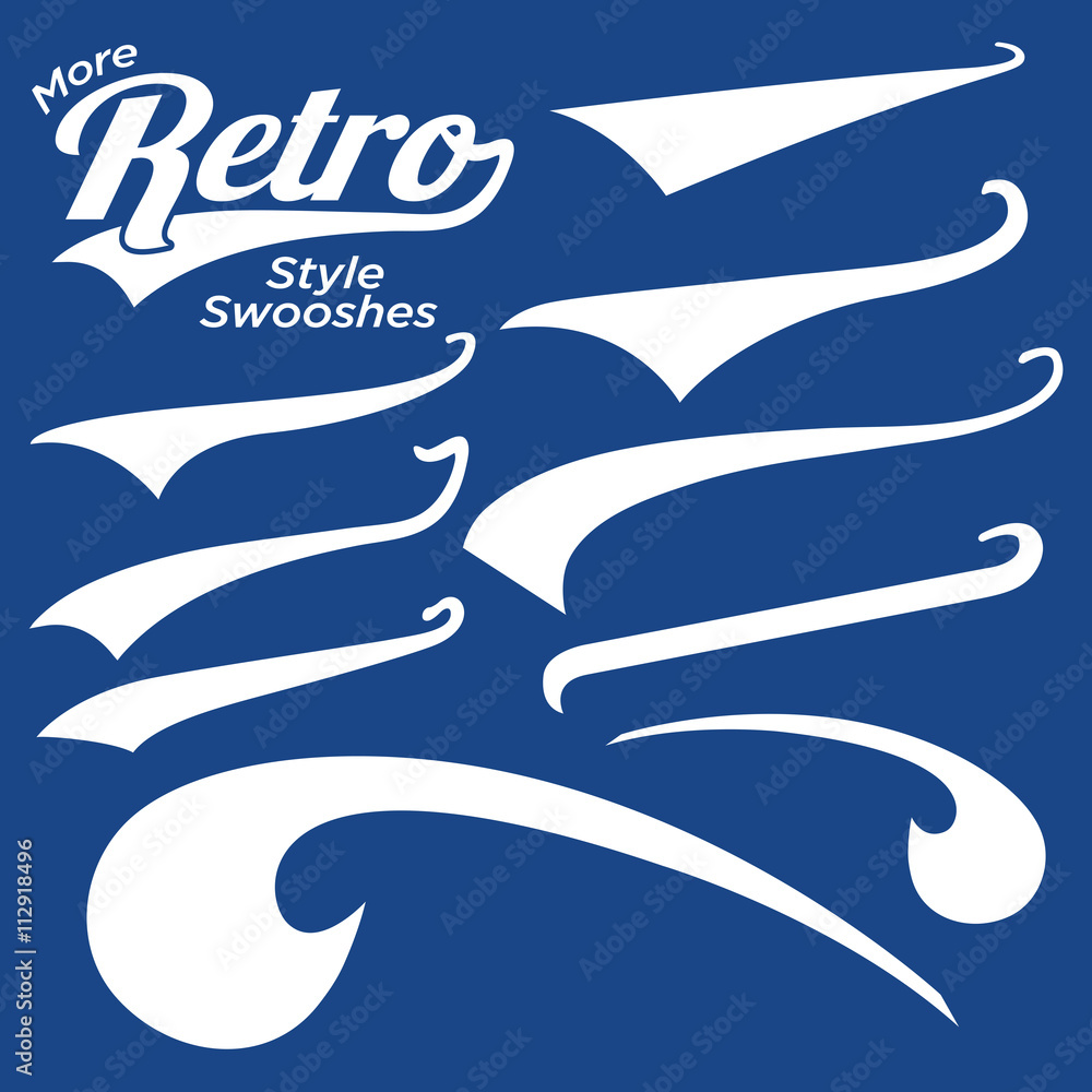 Vector Swooshes, Swishes, Whooshes, and Swashes for Typography on Retro or  Vintage Baseball Tail Tee shirt Stock Vector