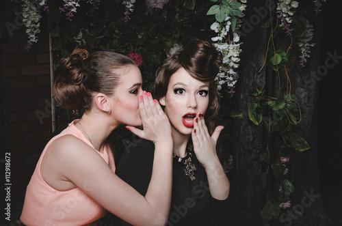 Two fashion girlfriends gossip. Beautiful caucasian young women with way hairstyle, red lips make up. Fashionable sexy couple of best friends girls, have a fun. Crazy emotions, creative photo concept.