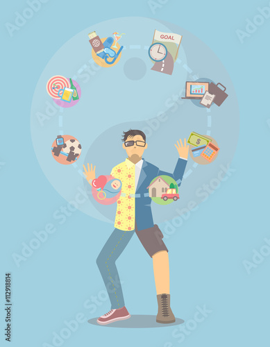 Life balance juggling. Man in separate clothing juggling life tasks with yin yang background.