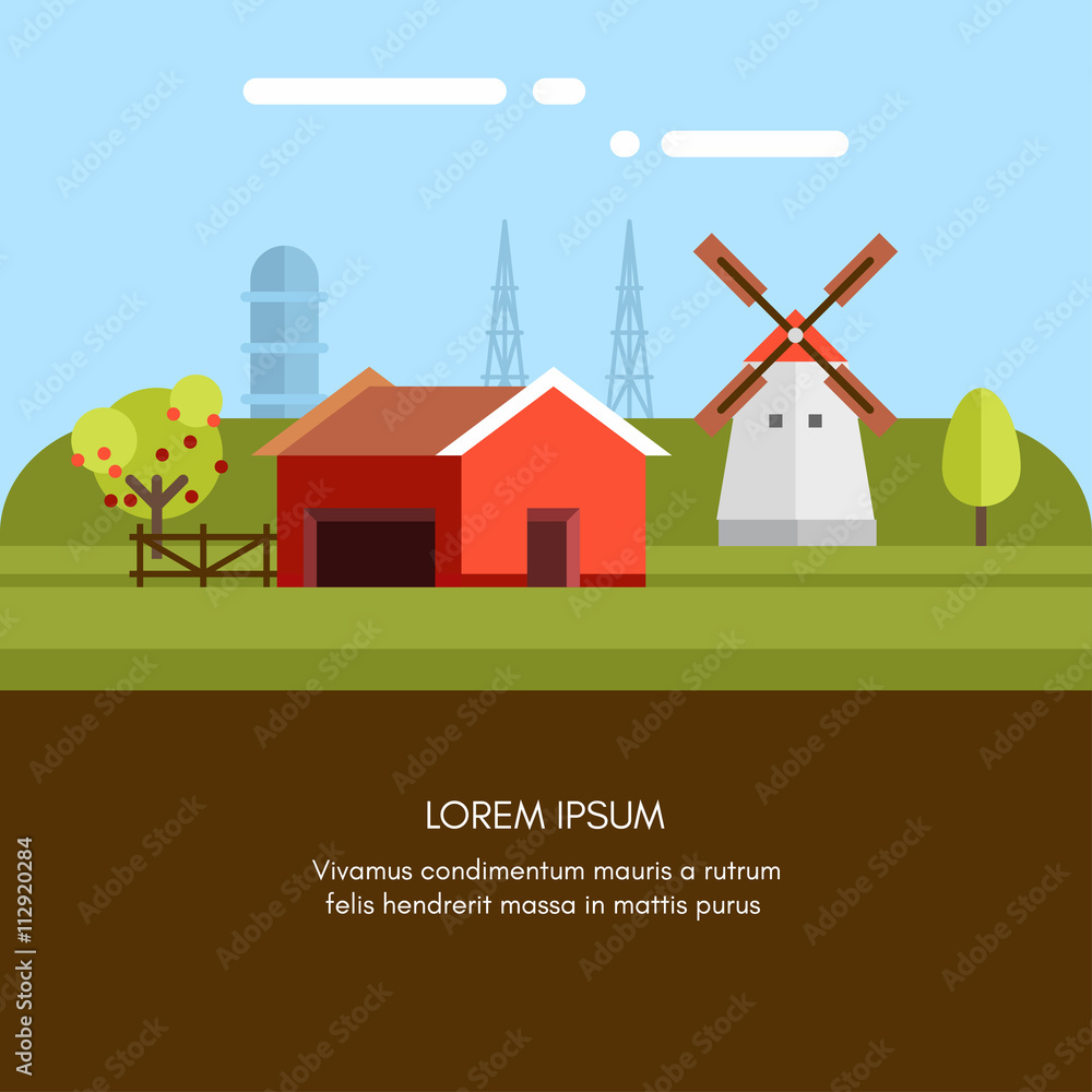 Rural Farm Landscape. Red Farm Barn and Mill. Flat Style Vector Illustration. Vector Background