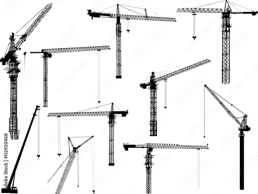 ten black building cranes silhouettes on white ten black building cranes silhouettes on white
