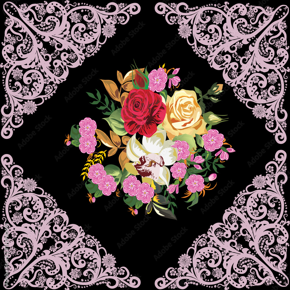 rose flowers in pink frame on black background - obrazy, fototapety, plakaty 