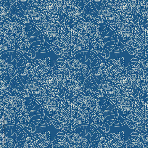 Paisley seamless pattern. Doodle, ink and pen. Linear drawing of a hand . Bright lace on gray-blue background.