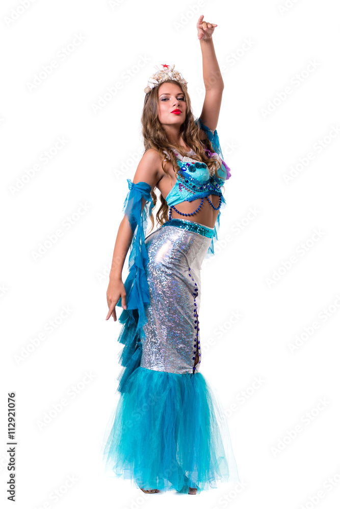 Carnival dancer woman dressed as a mermaid posing, isolated on white