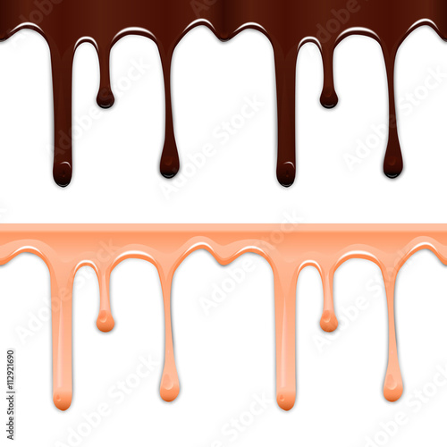 Set of horizontal seamless drip glaze. Chocolate and pink smudges isolated on white background.