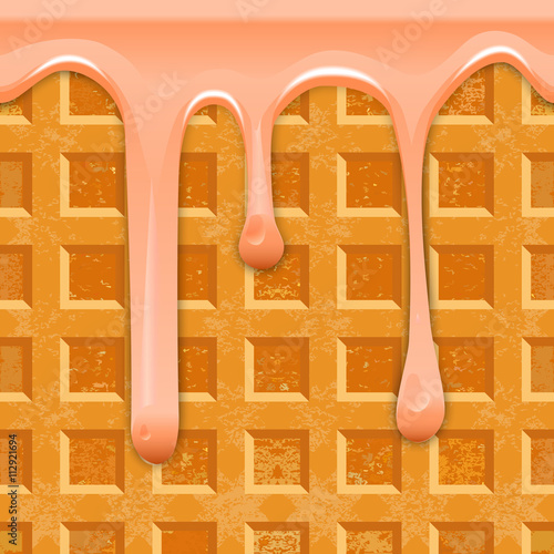 Seamless horizontal texture Belgian waffles with smudges of pink glaze.