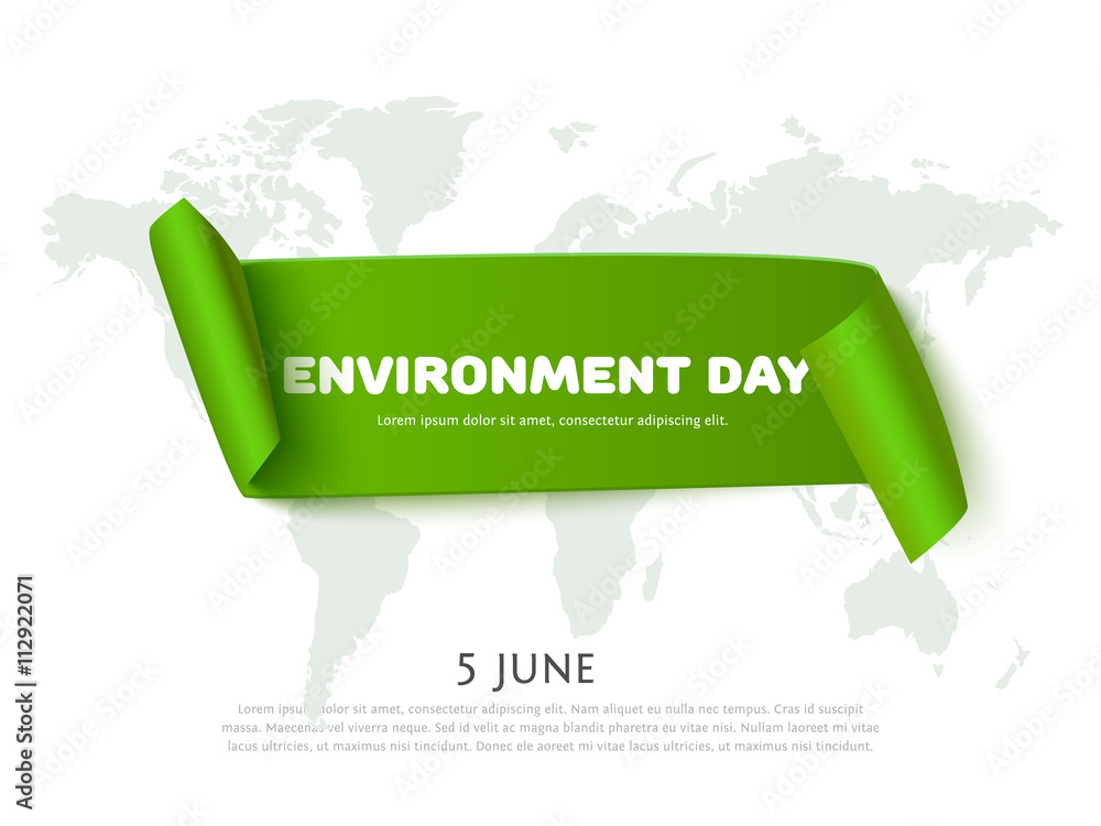 Environment day paper ribbon banner with world map background and space ...